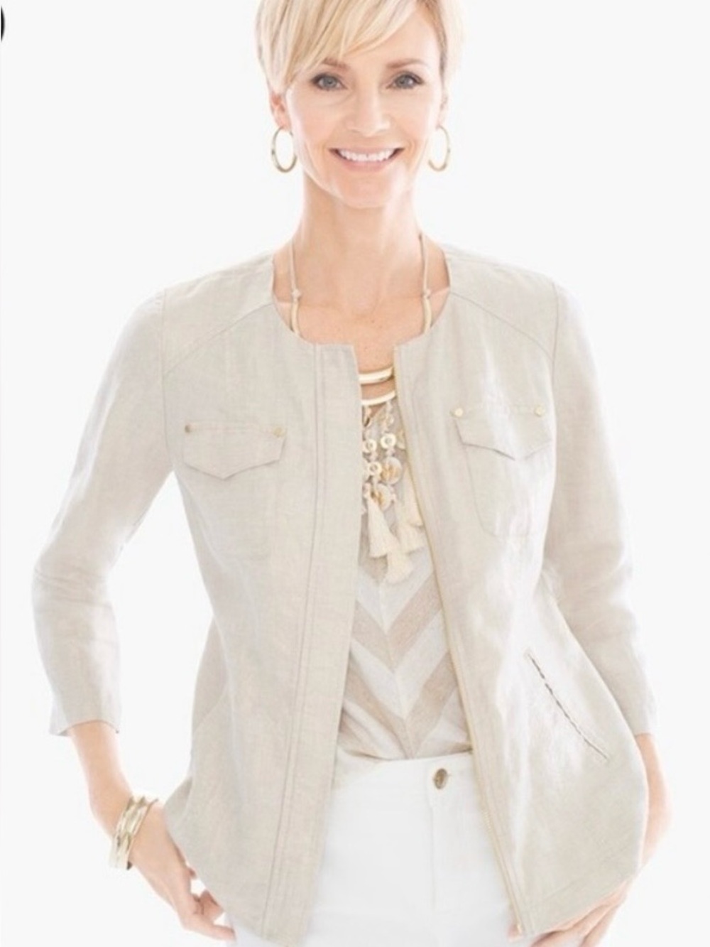 Chico's Light Beige Collarless Zip Jacket size medium